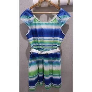Alex Marie‎ size 16 white blue green striped sleeveless flare Pleated Dress